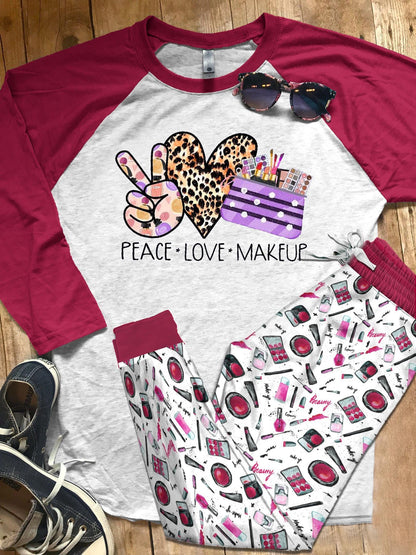 Makeup Set Peace Love Makeup Pajama Set |Sleepwear Pjs Sets | Raglan Shirt Pants Set