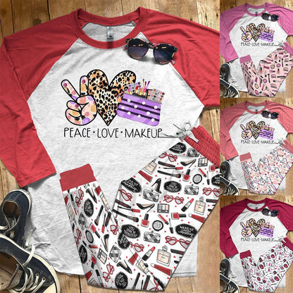 Makeup Set Peace Love Makeup Pajama Set |Sleepwear Pjs Sets | Raglan Shirt Pants Set