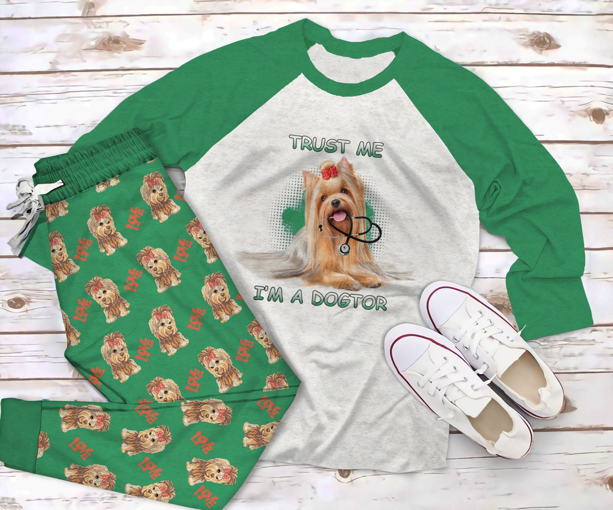 Yorkshire Terrier I'M A Dogtor Pajama Set |Sleepwear Pjs Sets | Raglan Shirt Pants Set