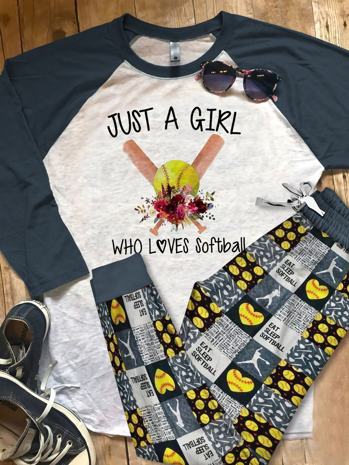 Softball Just A Girl Who Loves Softball Red Pajama Set |Sleepwear Pjs Sets | Raglan Shirt Pants Set