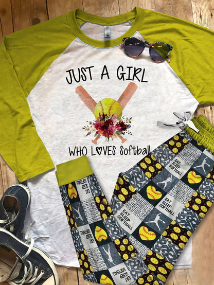Softball Just A Girl Who Loves Softball Red Pajama Set |Sleepwear Pjs Sets | Raglan Shirt Pants Set