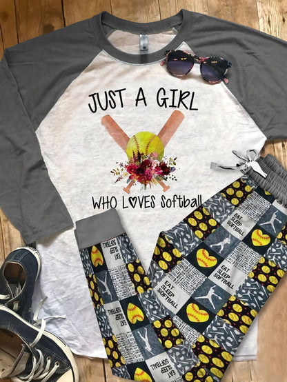 Softball Just A Girl Who Loves Softball Red Pajama Set |Sleepwear Pjs Sets | Raglan Shirt Pants Set