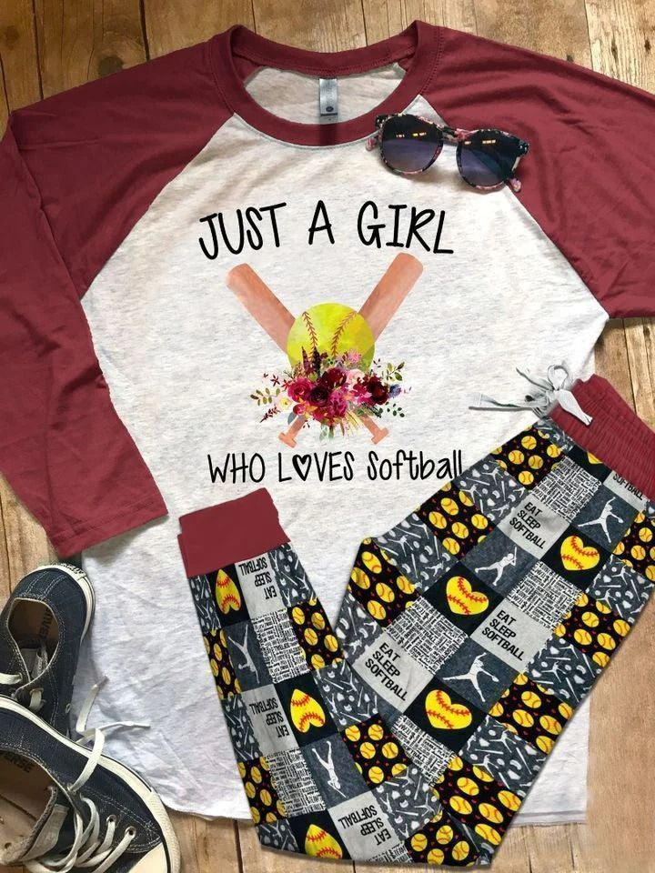 Softball Just A Girl Who Loves Softball Red Pajama Set |Sleepwear Pjs Sets | Raglan Shirt Pants Set