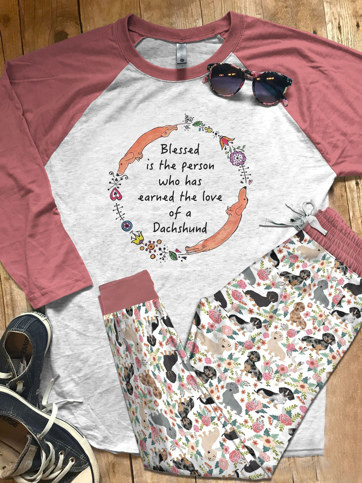 Dachshund Set Pajama Set |Sleepwear Pjs Sets | Raglan Shirt Pants Set