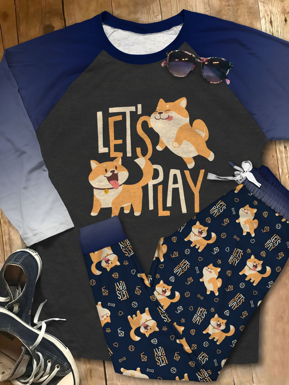 Shiba Just Do It Pajama Set |Sleepwear Pjs Sets | Raglan Shirt Pants Set