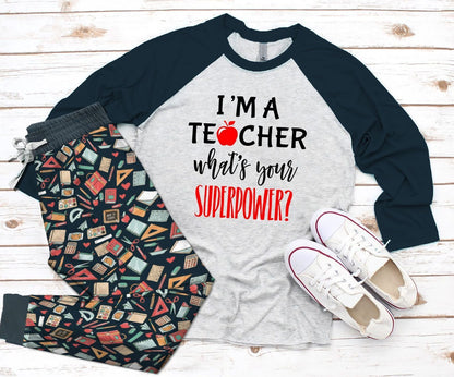Teacher I Am A Teacher Whats Your Superpower Colors Pajama Set |Sleepwear Pjs Sets | Raglan Shirt Pants Set