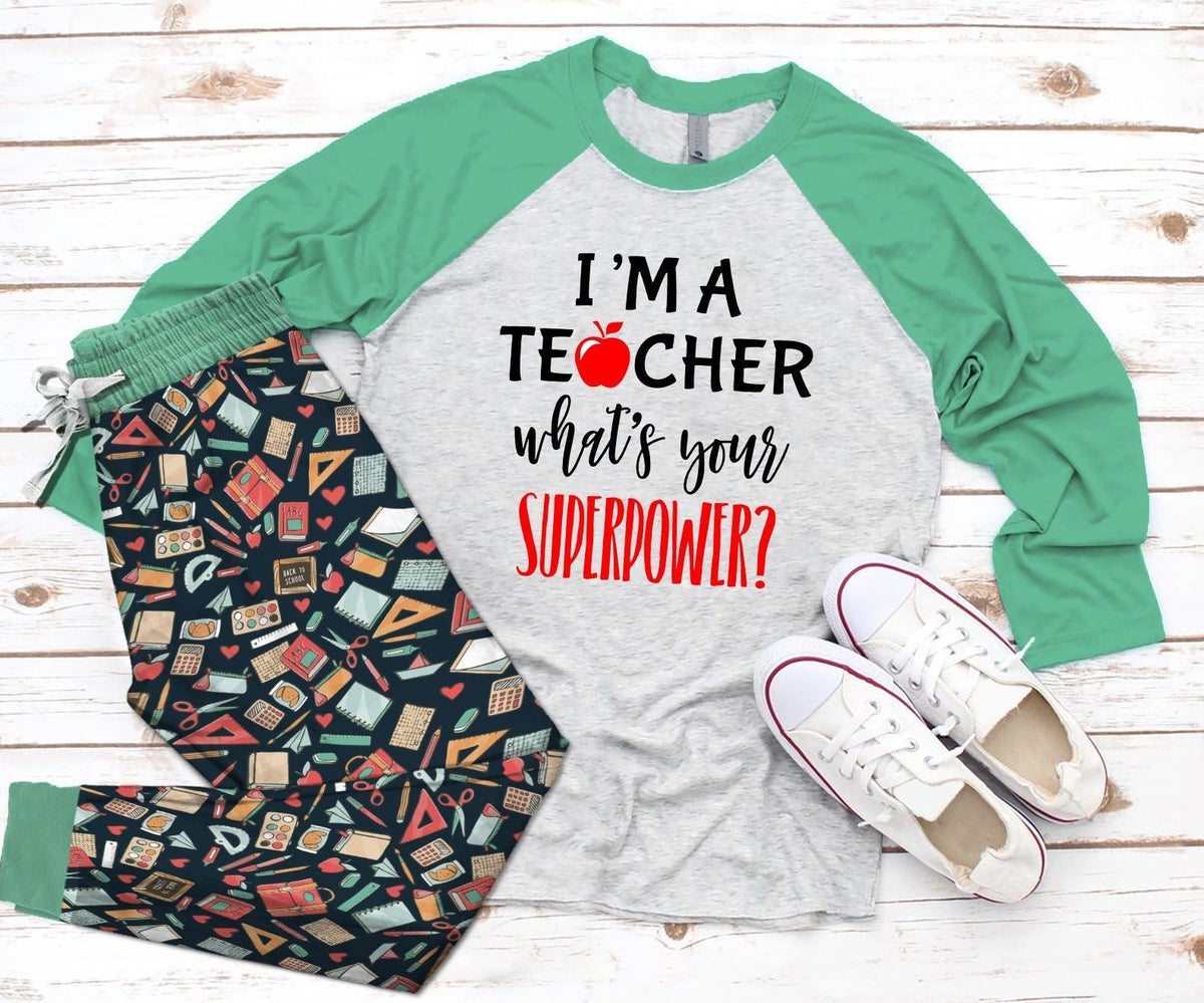 Teacher I Am A Teacher Whats Your Superpower Colors Pajama Set |Sleepwear Pjs Sets | Raglan Shirt Pants Set