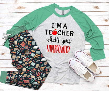 Teacher I Am A Teacher Whats Your Superpower Colors Pajama Set |Sleepwear Pjs Sets | Raglan Shirt Pants Set