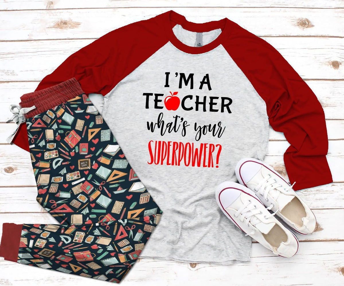 Teacher I Am A Teacher Whats Your Superpower Colors Pajama Set |Sleepwear Pjs Sets | Raglan Shirt Pants Set