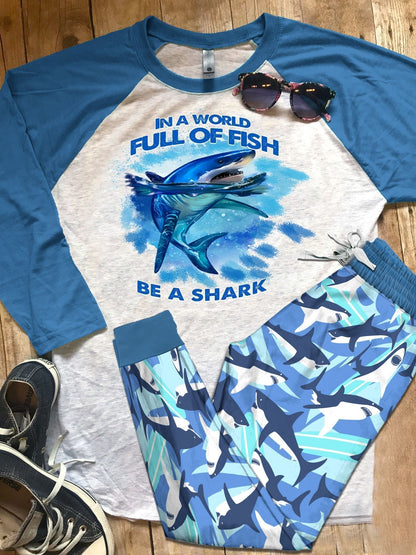 Shark Be A Shark Blue Awesome Pajama Set |Sleepwear Pjs Sets | Raglan Shirt Pants Set