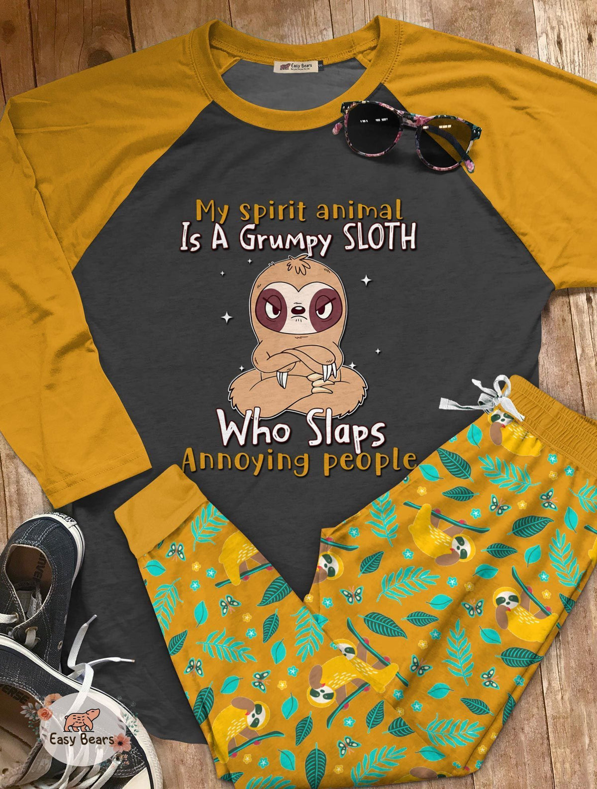 Sloth Set Spirit Animal Who Slaps Annoying People Pajama Set |Sleepwear Pjs Sets | Raglan Shirt Pants Set