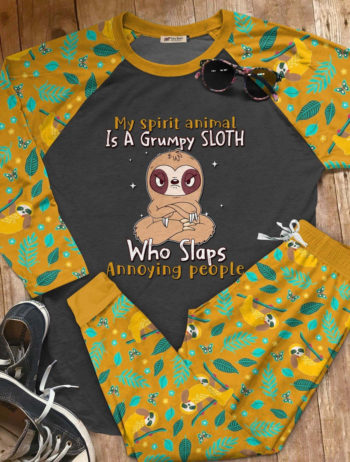 Sloth Set Spirit Animal Who Slaps Annoying People Pajama Set |Sleepwear Pjs Sets | Raglan Shirt Pants Set