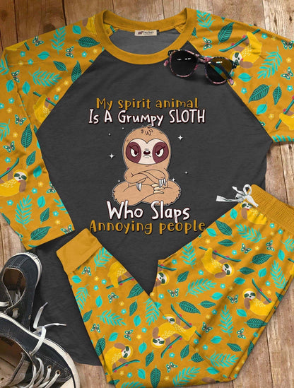 Sloth Set Spirit Animal Who Slaps Annoying People Pajama Set |Sleepwear Pjs Sets | Raglan Shirt Pants Set
