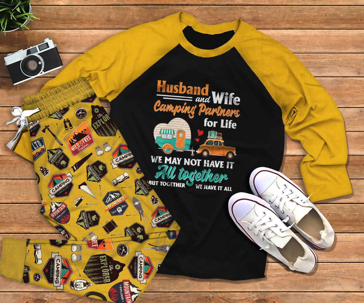 Camping All Together Yellow Awesome Pajama Set |Sleepwear Pjs Sets | Raglan Shirt Pants Set