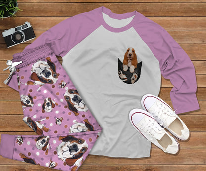 Basset Hound In Poket Purple Best Pajama Set |Sleepwear Pjs Sets | Raglan Shirt Pants Set