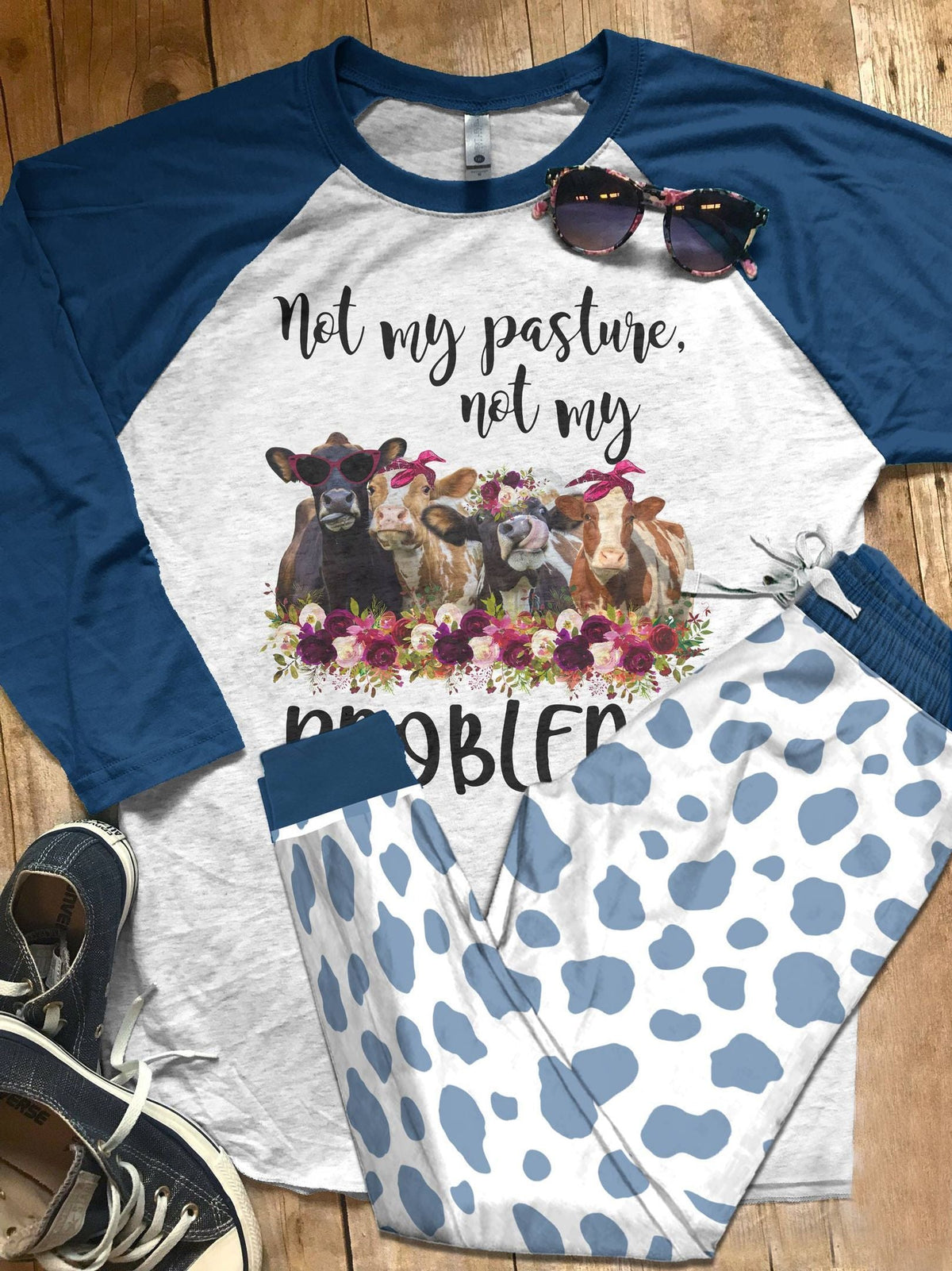 Cow Blue Unique Pajama Set |Sleepwear Pjs Sets | Raglan Shirt Pants Set