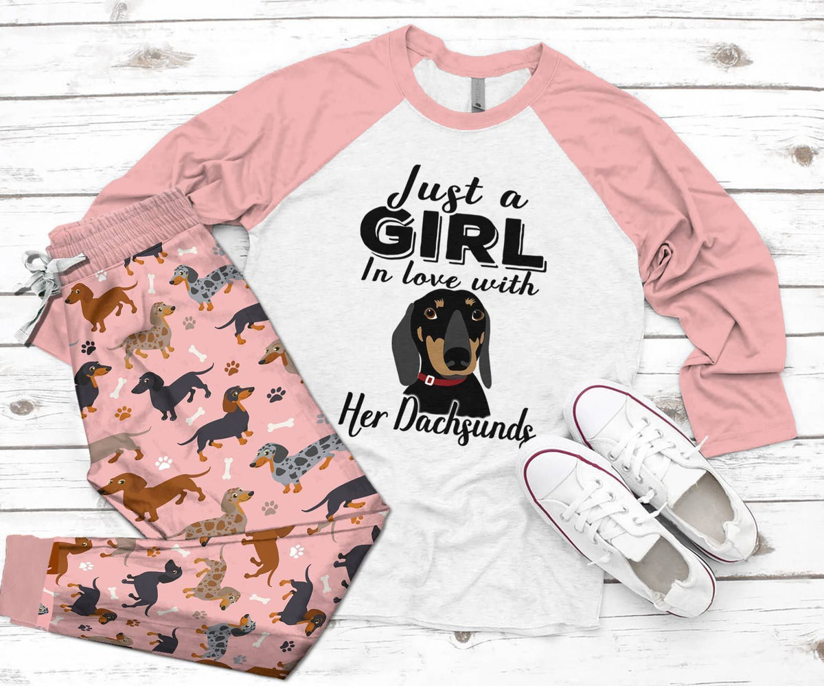 Dachshund Set A In Love With Her Dachshund Pajama Set |Sleepwear Pjs Sets | Raglan Shirt Pants Set