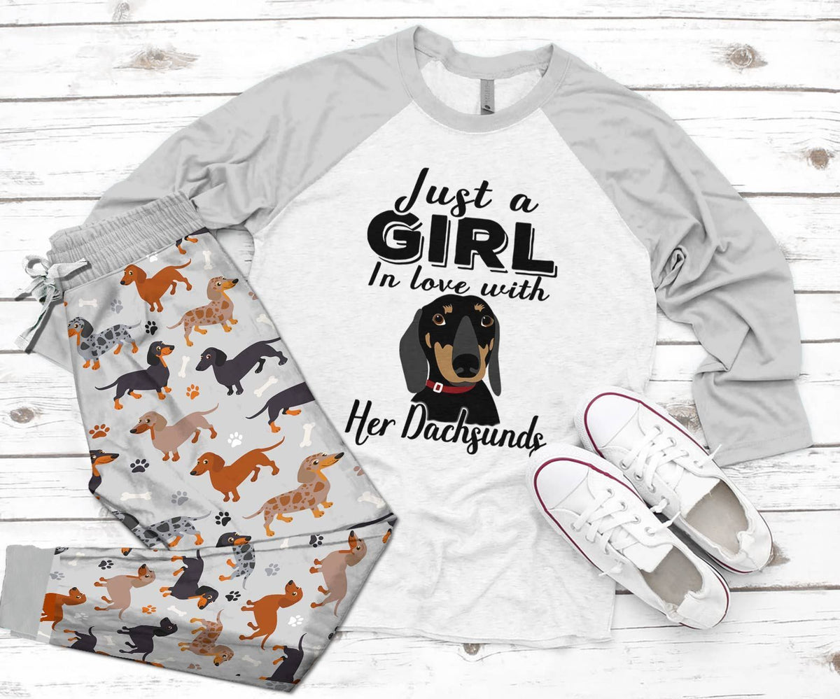 Dachshund Set A In Love With Her Dachshund Pajama Set |Sleepwear Pjs Sets | Raglan Shirt Pants Set