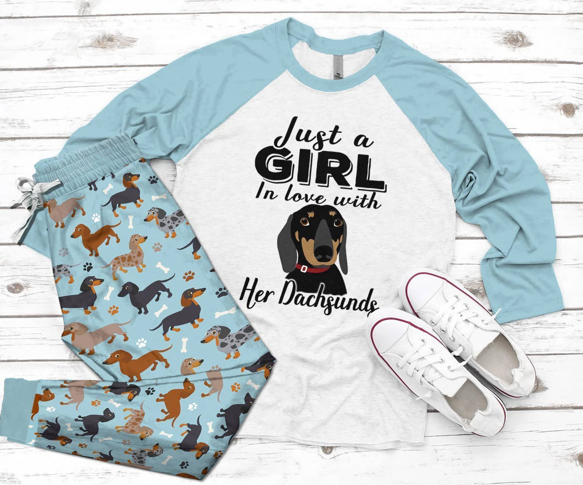 Dachshund Set A In Love With Her Dachshund Pajama Set |Sleepwear Pjs Sets | Raglan Shirt Pants Set