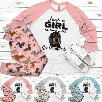 Dachshund Set A In Love With Her Dachshund Pajama Set |Sleepwear Pjs Sets | Raglan Shirt Pants Set