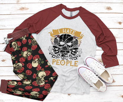 Skull Hate People Pajama Set |Sleepwear Pjs Sets | Raglan Shirt Pants Set