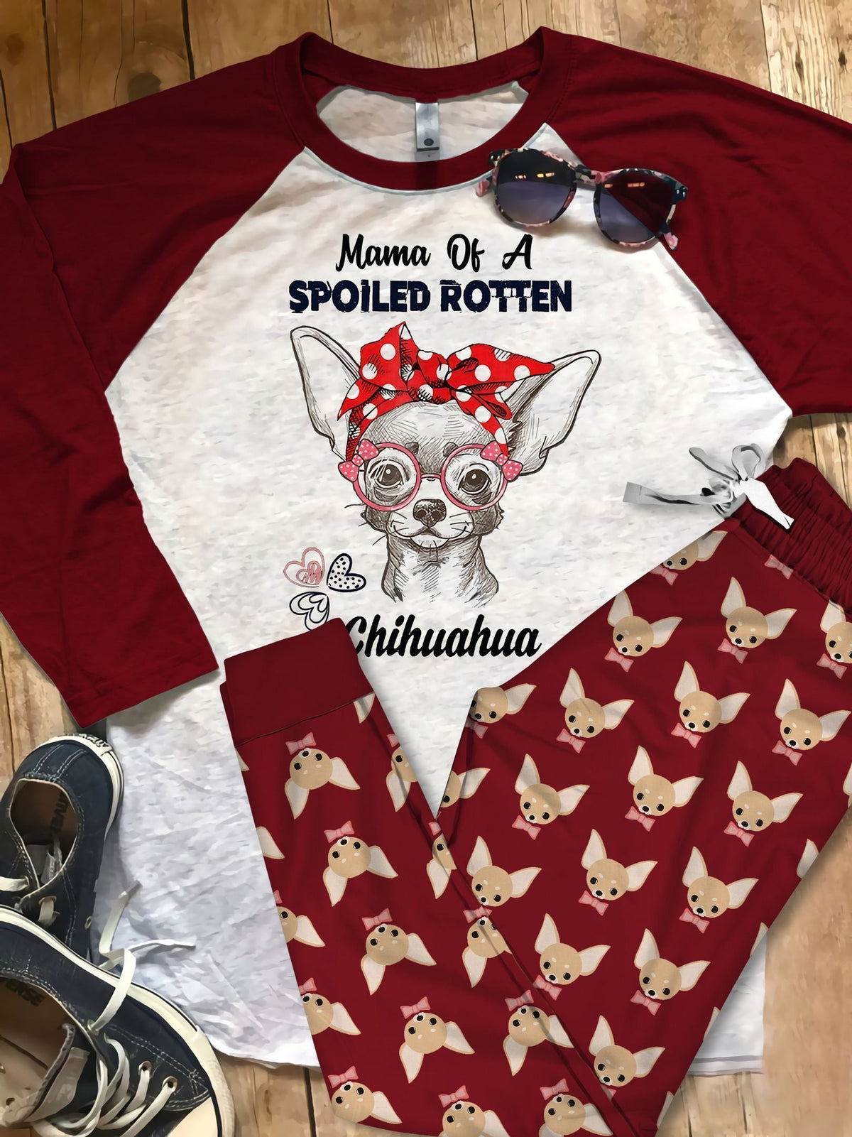 Chihuahua Mama Of A Chihuahua Burgundy Nice Pajama Set |Sleepwear Pjs Sets | Raglan Shirt Pants Set