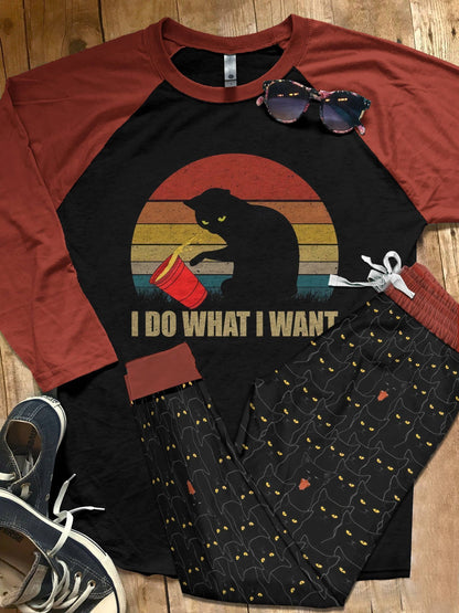 Cat I Do What I Want Red Good Pajama Set |Sleepwear Pjs Sets | Raglan Shirt Pants Set