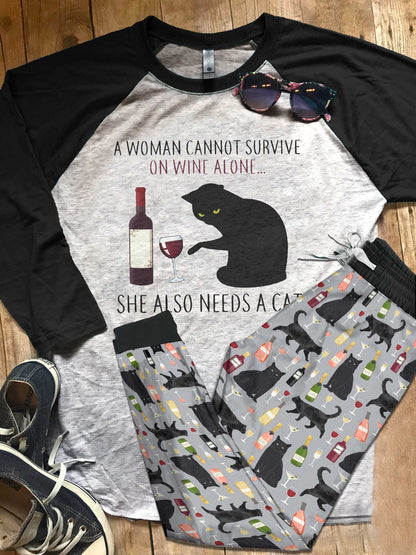 Cat Black High Quality Pajama Set |Sleepwear Pjs Sets | Raglan Shirt Pants Set
