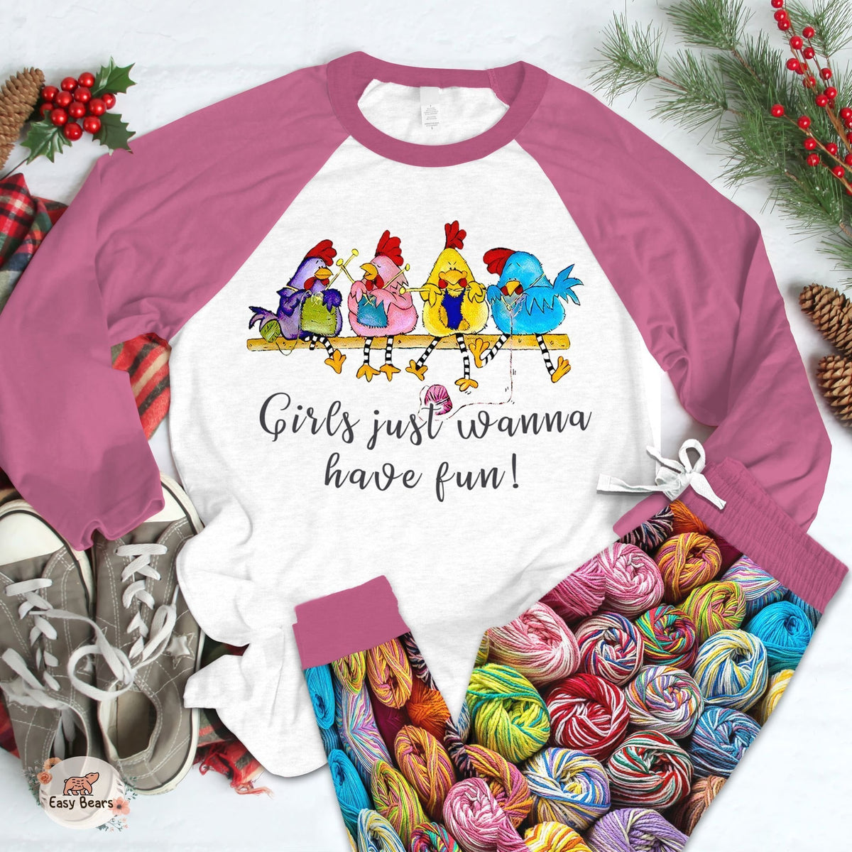 Knitting Set Wanna Have Fun Pajama Set |Sleepwear Pjs Sets | Raglan Shirt Pants Set