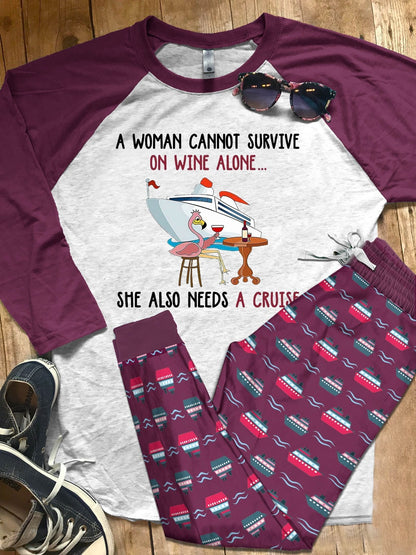 Cruise Set A Woman Need Wine And A Cruise Pajama Set |Sleepwear Pjs Sets | Raglan Shirt Pants Set