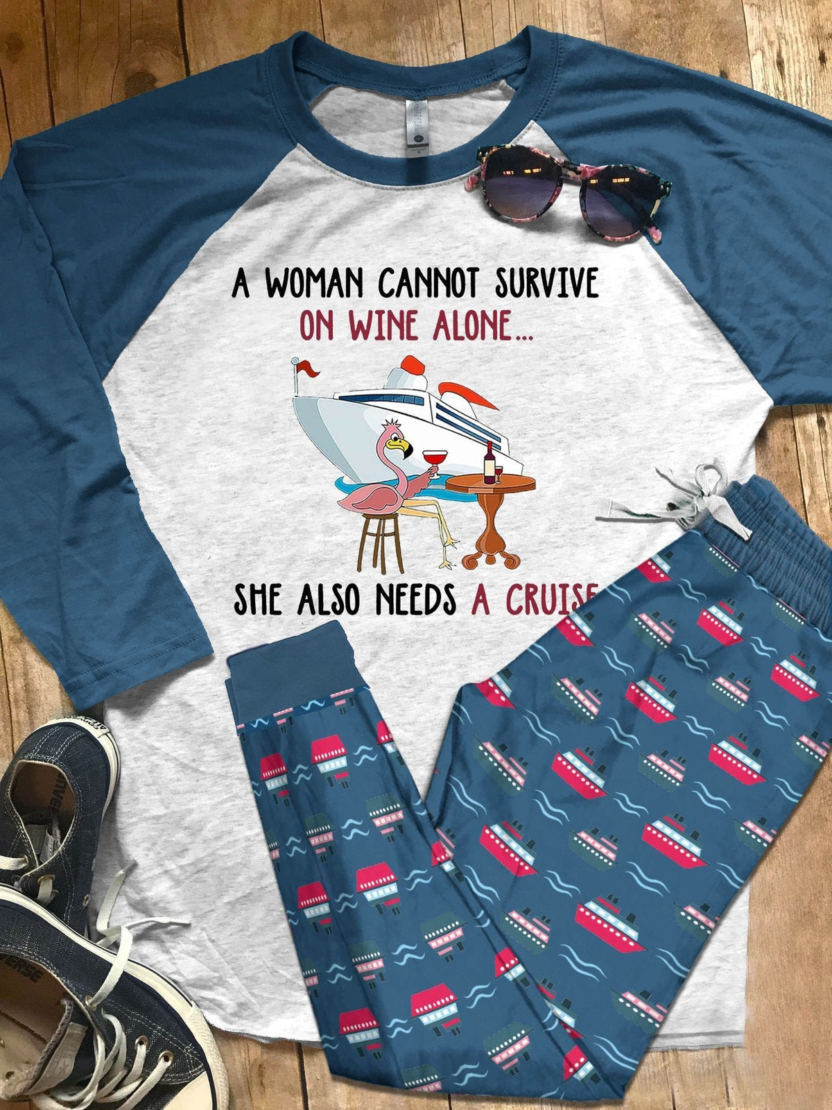 Cruise Set A Woman Need Wine And A Cruise Pajama Set |Sleepwear Pjs Sets | Raglan Shirt Pants Set