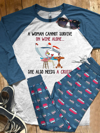 Cruise Set A Woman Need Wine And A Cruise Pajama Set |Sleepwear Pjs Sets | Raglan Shirt Pants Set