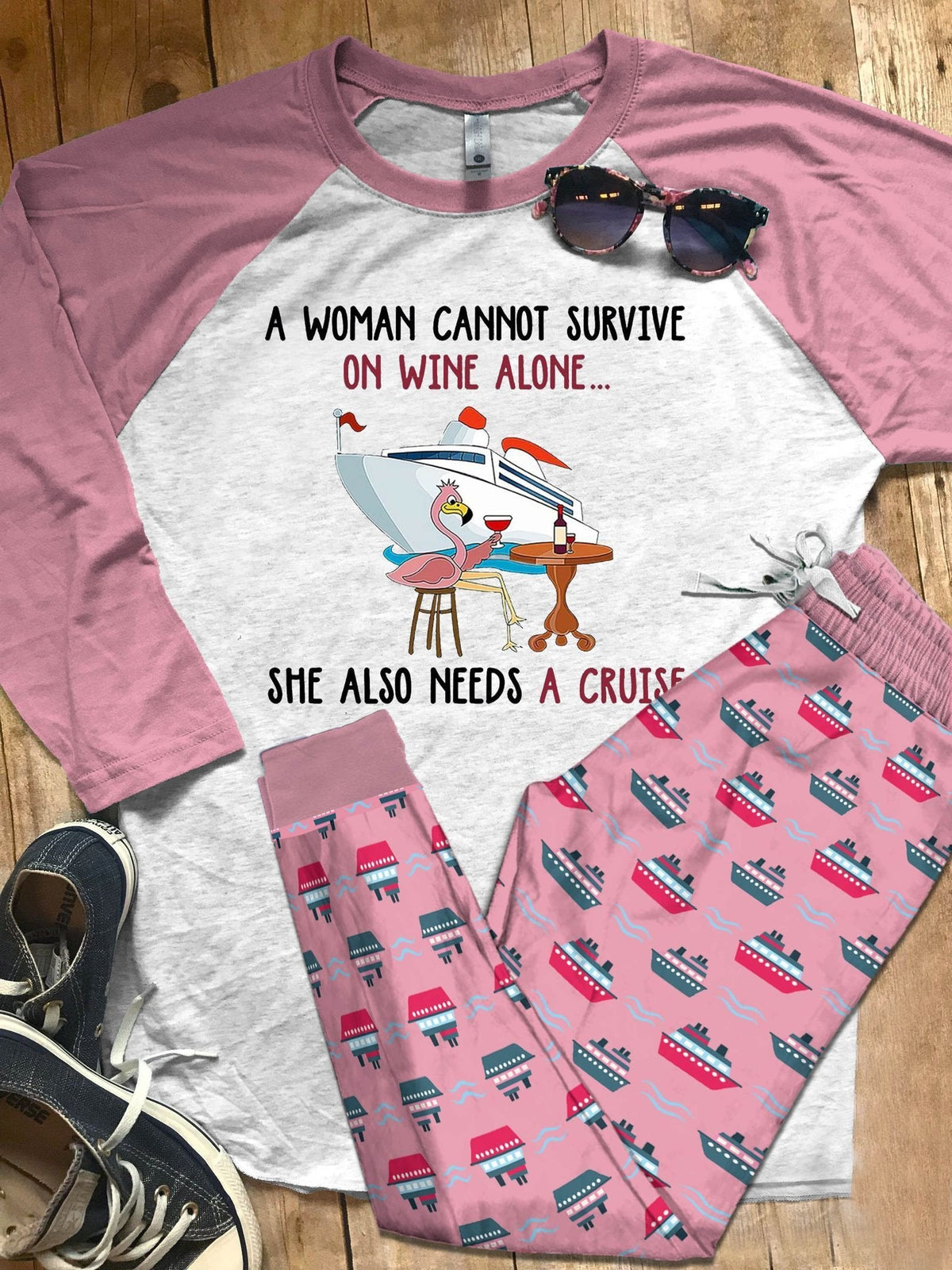 Cruise Set A Woman Need Wine And A Cruise Pajama Set |Sleepwear Pjs Sets | Raglan Shirt Pants Set