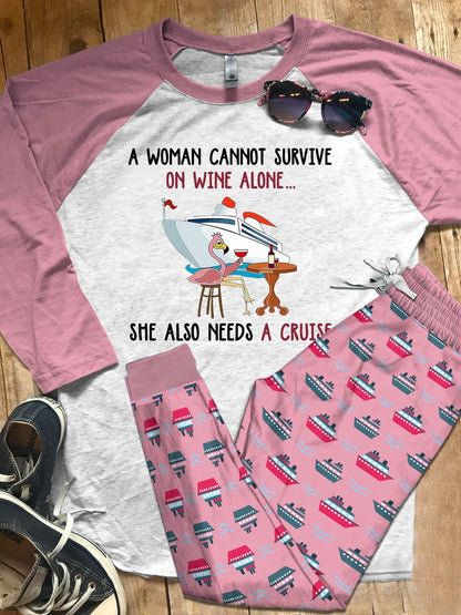 Cruise Set A Woman Need Wine And A Cruise Pajama Set |Sleepwear Pjs Sets | Raglan Shirt Pants Set