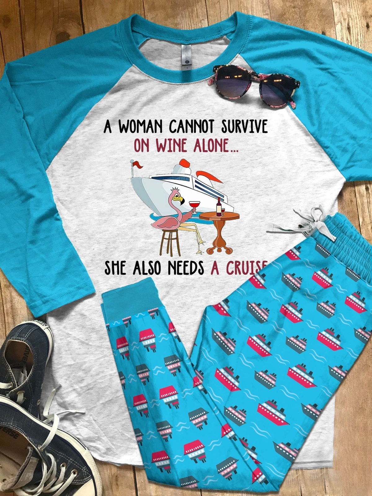Cruise Set A Woman Need Wine And A Cruise Pajama Set |Sleepwear Pjs Sets | Raglan Shirt Pants Set