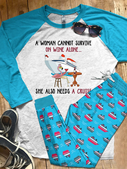 Cruise Set A Woman Need Wine And A Cruise Pajama Set |Sleepwear Pjs Sets | Raglan Shirt Pants Set