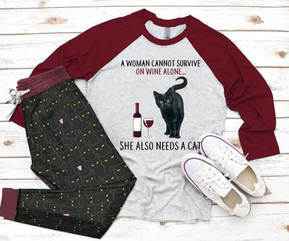 Cat Need Wine And Cats Burgundy Best Pajama Set |Sleepwear Pjs Sets | Raglan Shirt Pants Set