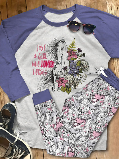 Horse Girl Loves Horse Pink Good Quality Pajama Set |Sleepwear Pjs Sets | Raglan Shirt Pants Set