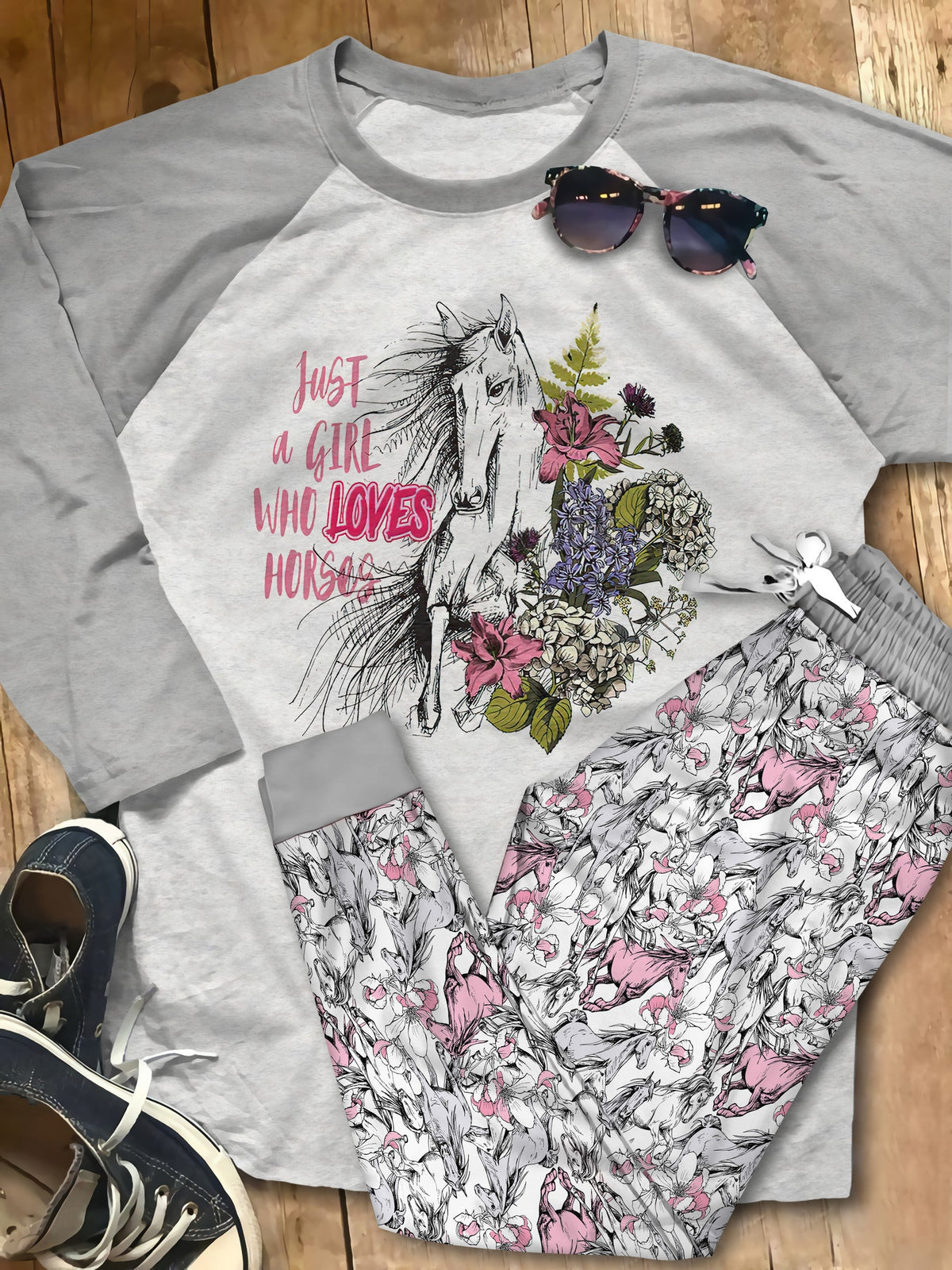 Horse Girl Loves Horse Pink Good Quality Pajama Set |Sleepwear Pjs Sets | Raglan Shirt Pants Set