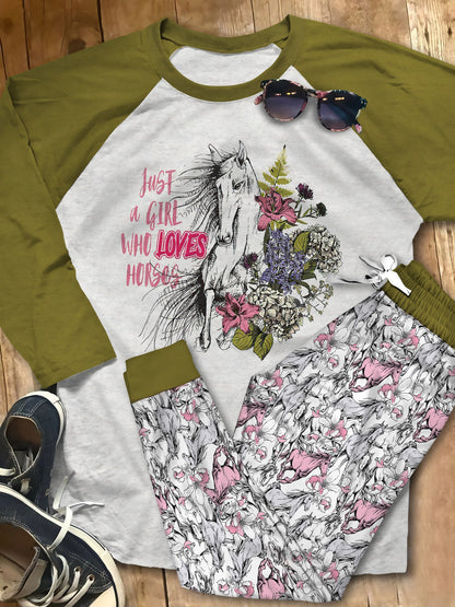 Horse Girl Loves Horse Pink Good Quality Pajama Set |Sleepwear Pjs Sets | Raglan Shirt Pants Set