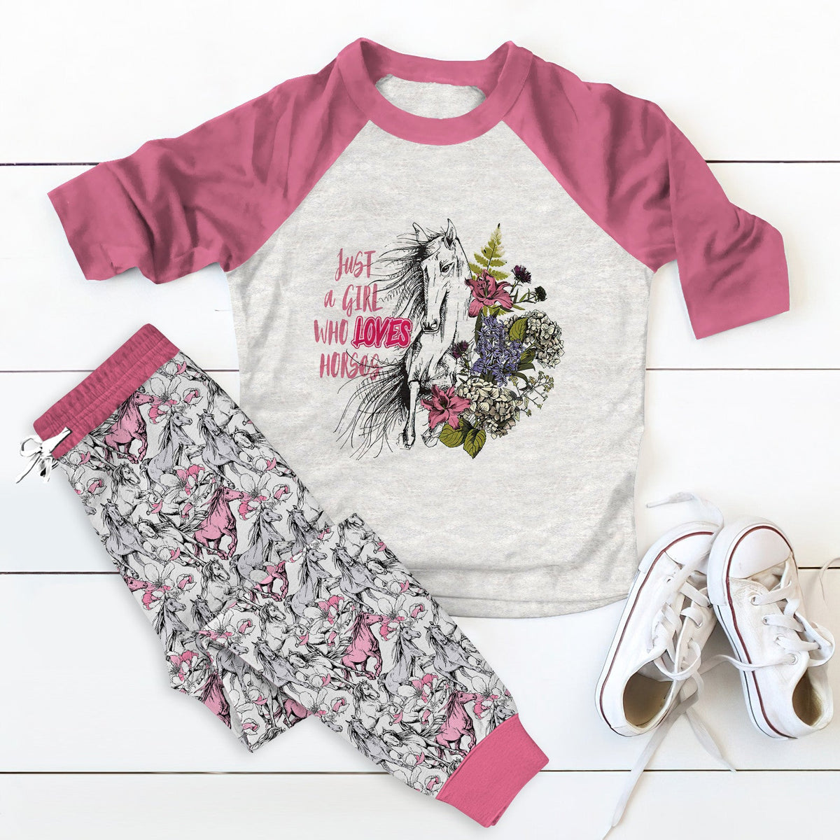Horse Girl Loves Horse Pink Good Quality Pajama Set |Sleepwear Pjs Sets | Raglan Shirt Pants Set
