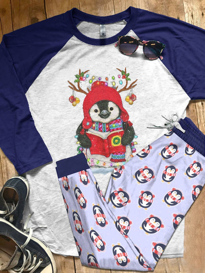 Penguin Christmas Is Coming Purple Best Pajama Set |Sleepwear Pjs Sets | Raglan Shirt Pants Set