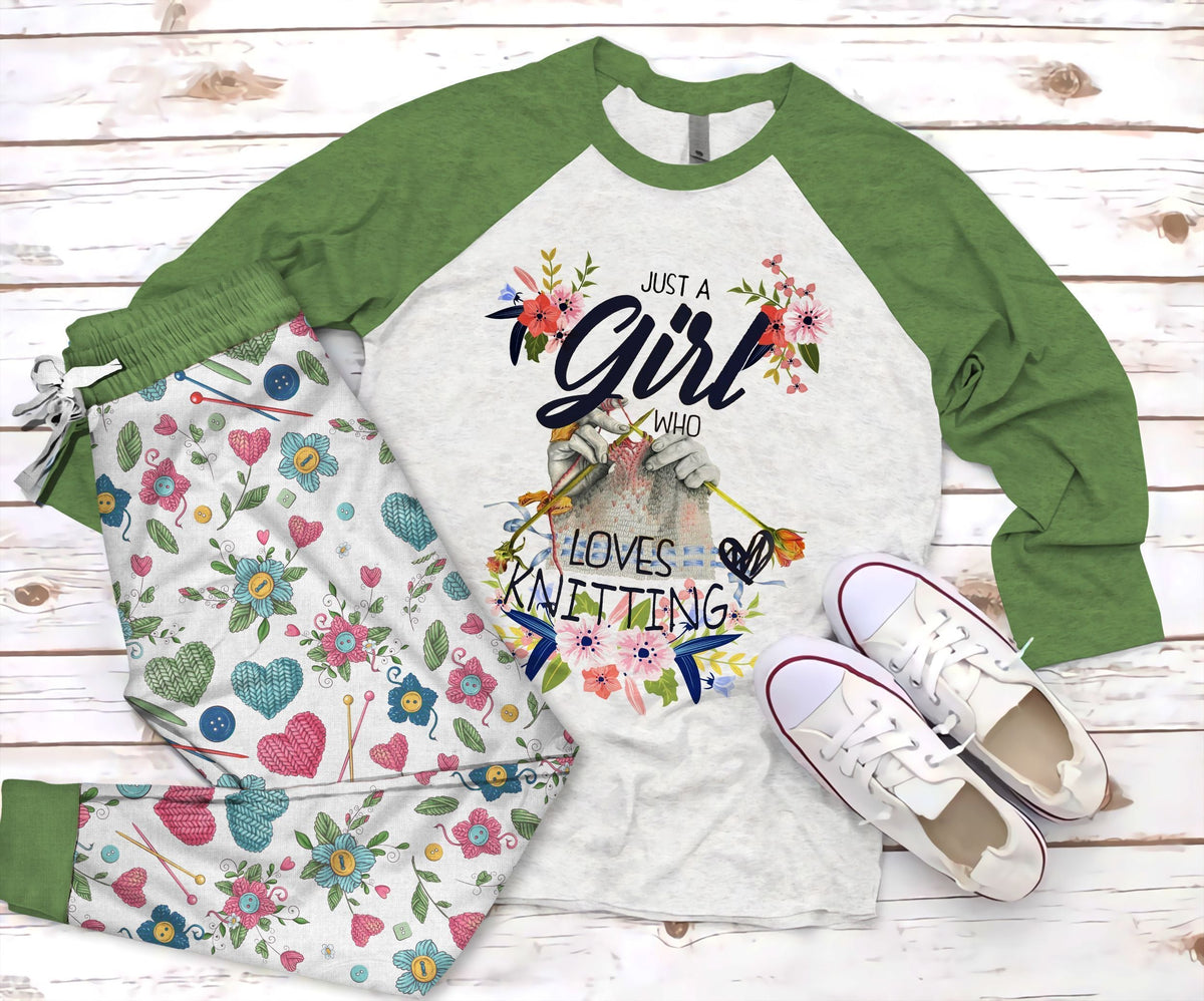 Knitting Just A Girl Who Loves Knitting Pajama Set |Sleepwear Pjs Sets | Raglan Shirt Pants Set