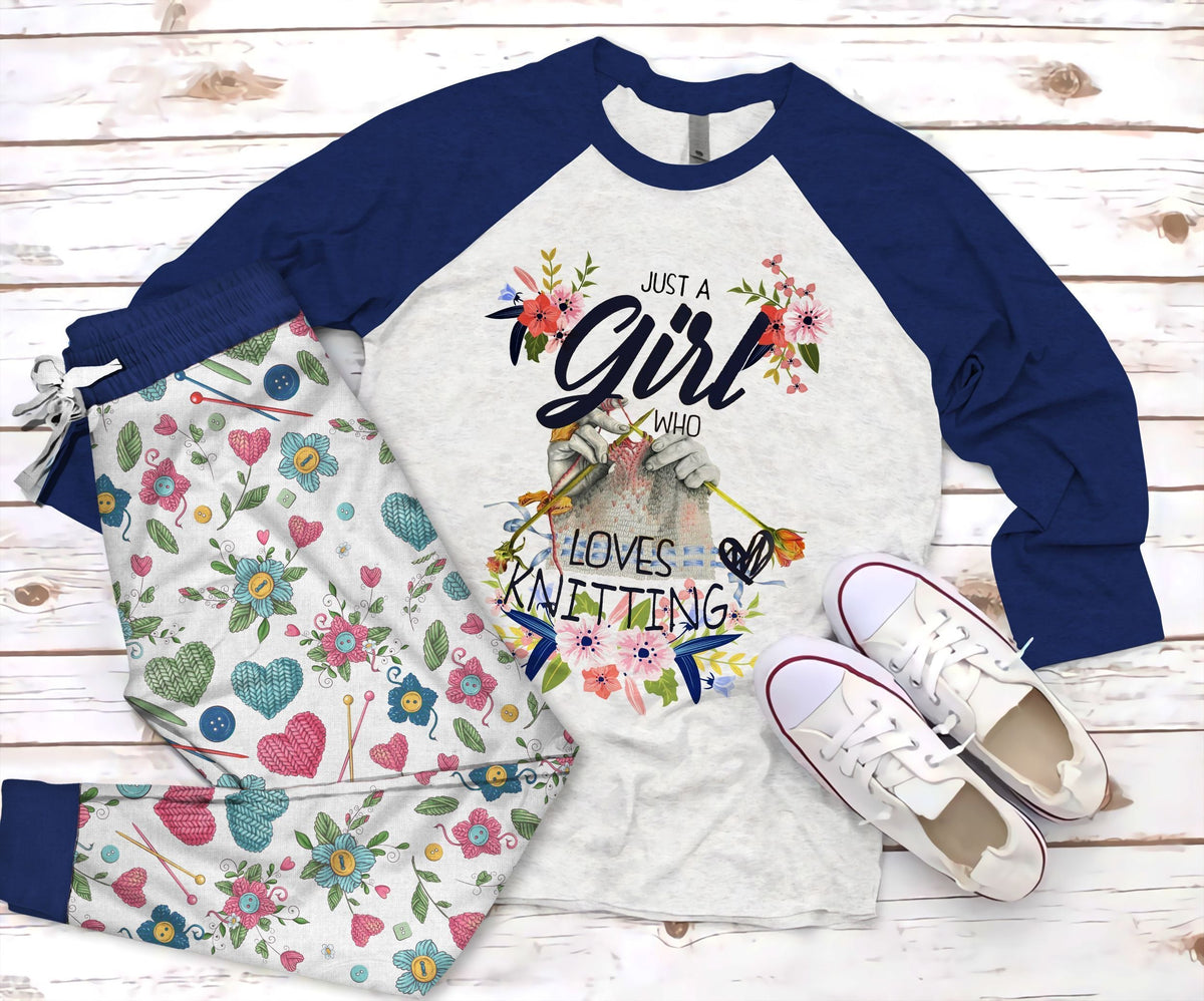 Knitting Just A Girl Who Loves Knitting Pajama Set |Sleepwear Pjs Sets | Raglan Shirt Pants Set