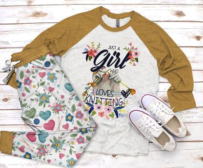 Knitting Just A Girl Who Loves Knitting Pajama Set |Sleepwear Pjs Sets | Raglan Shirt Pants Set
