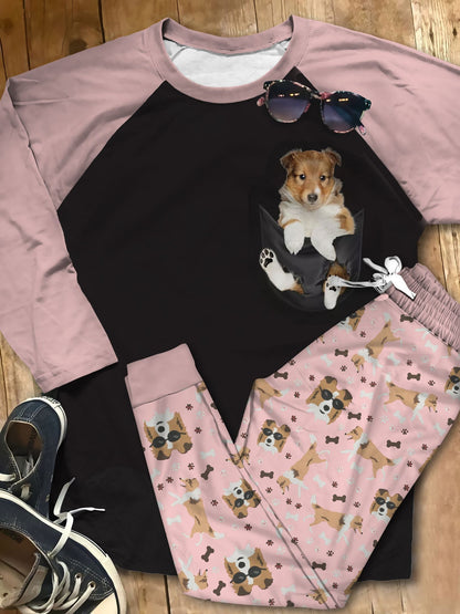 Shetland Sheepdog Pocket Pajama Set |Sleepwear Pjs Sets | Raglan Shirt Pants Set