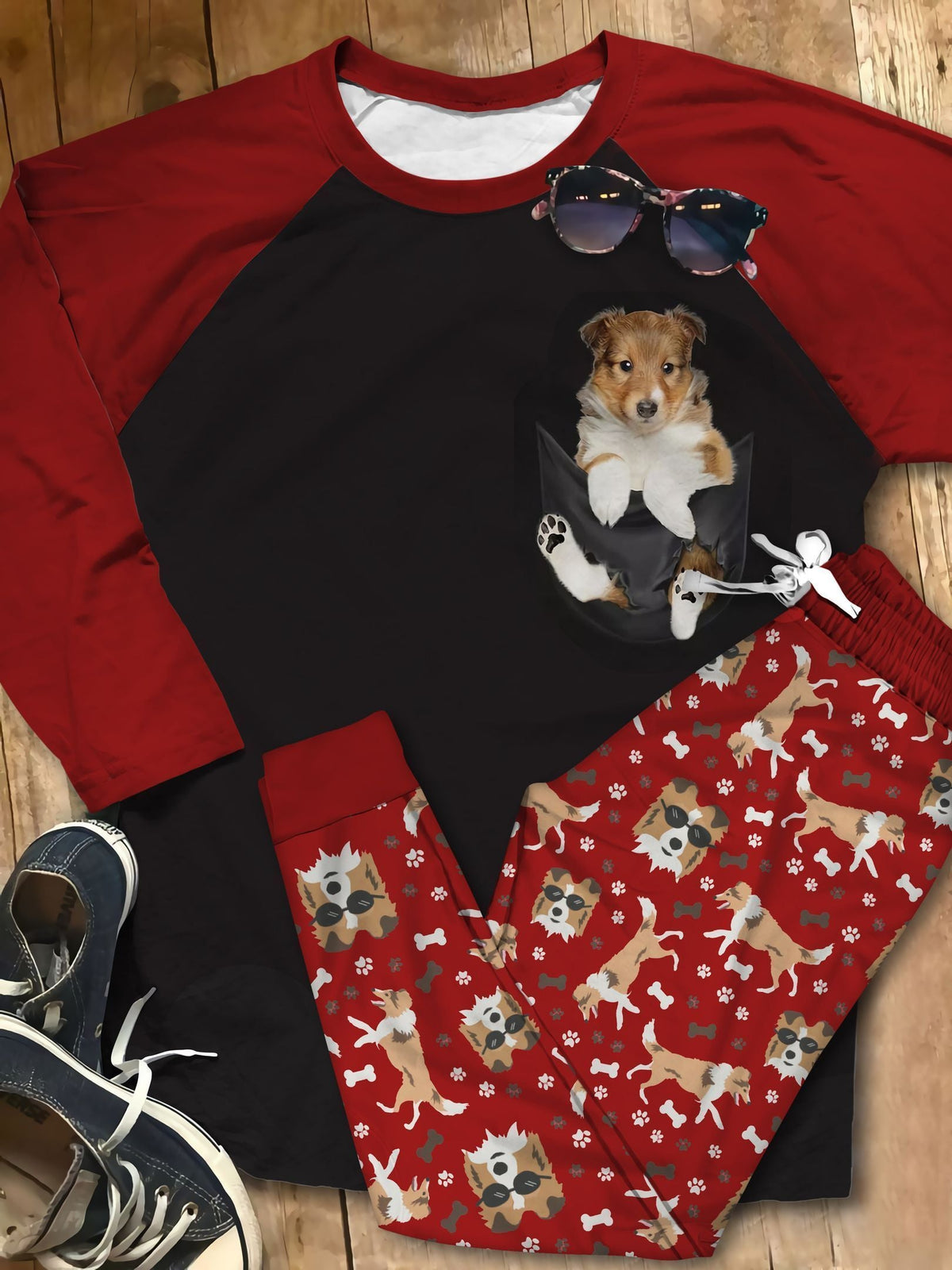 Shetland Sheepdog Pocket Pajama Set |Sleepwear Pjs Sets | Raglan Shirt Pants Set