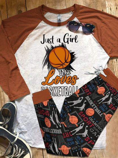 Basketball A Who Loves Basketball Brown Good Pajama Set |Sleepwear Pjs Sets | Raglan Shirt Pants Set