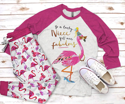 Flamingo To Lovely Niece Pink High Quality Pajama Set |Sleepwear Pjs Sets | Raglan Shirt Pants Set