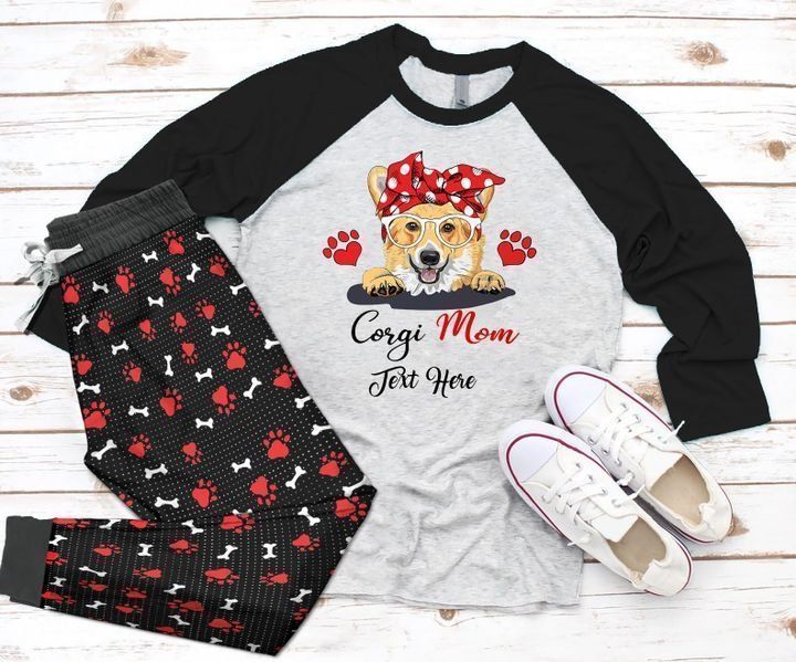 Corgi Mom Personalized Black Best Pajama Set |Sleepwear Pjs Sets | Raglan Shirt Pants Set